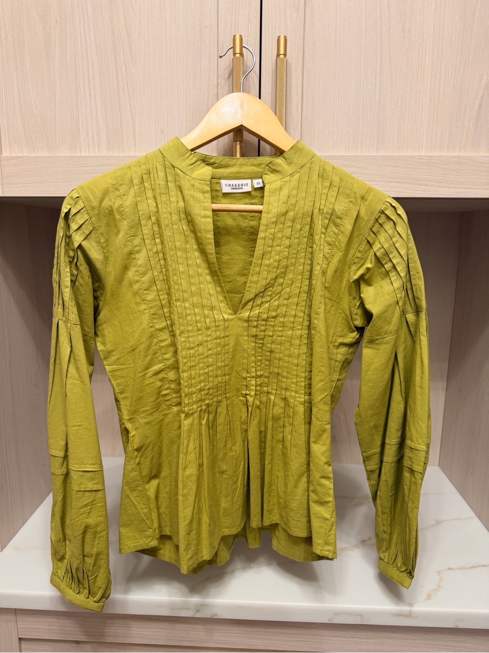 Womens Lime Green Pintuck V-Neck Peasant Top